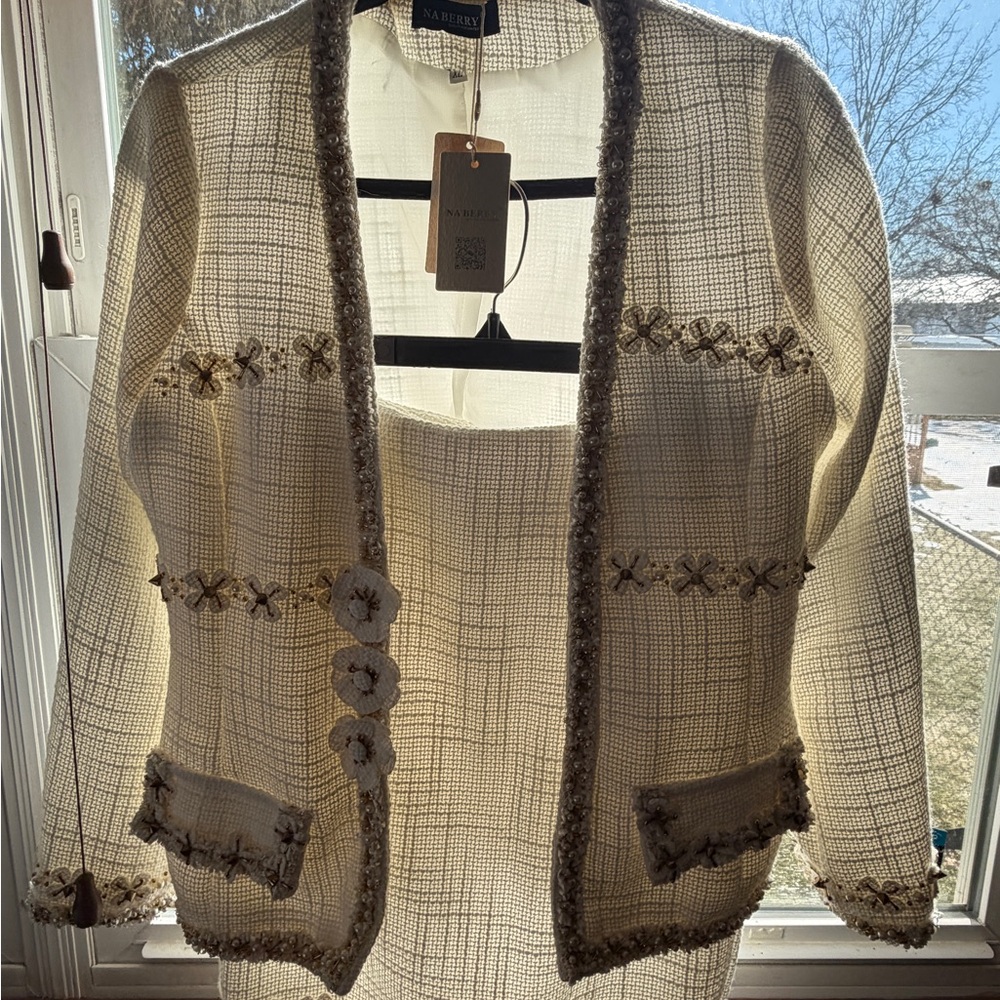 Cream Tweed Open-Front Embellished Jacket